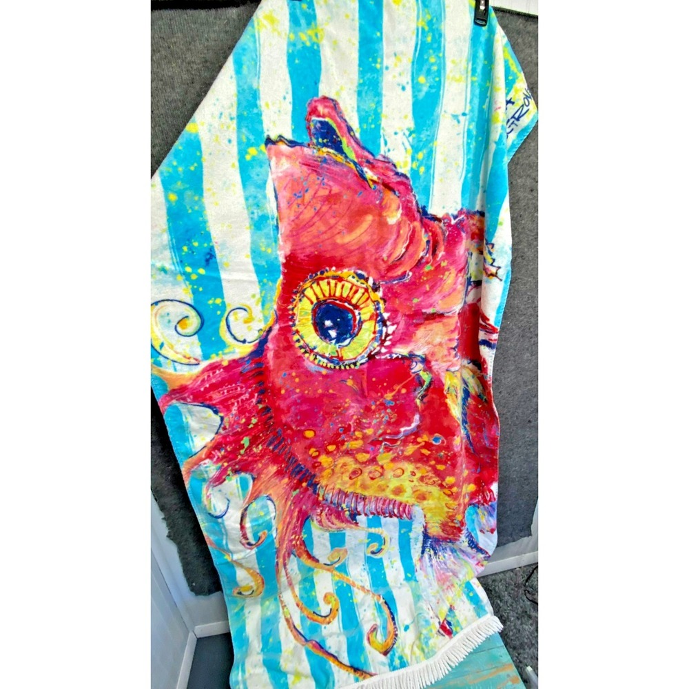 Leoma Lovegrove Beach Towel OS Pink Fish Fringed Florida Art Graphic Print 36x70